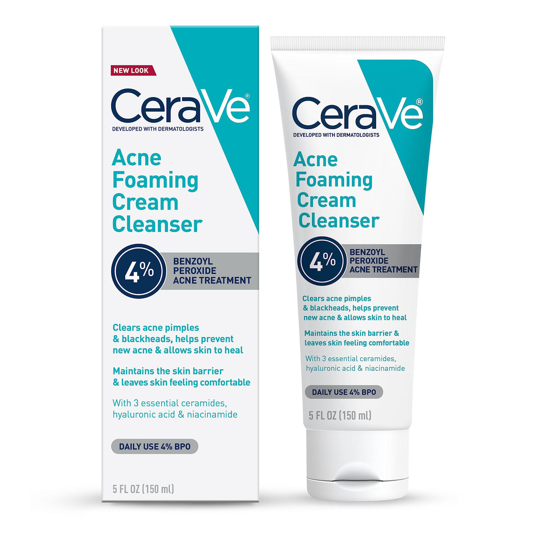 CeraVe Acne Foaming Cream Cleanser 4% Benzoyl Peroxide Face Wash With Hyaluronic Acid Niacinamide &amp; Ceramides Gentle Daily Acne Treatment For Face