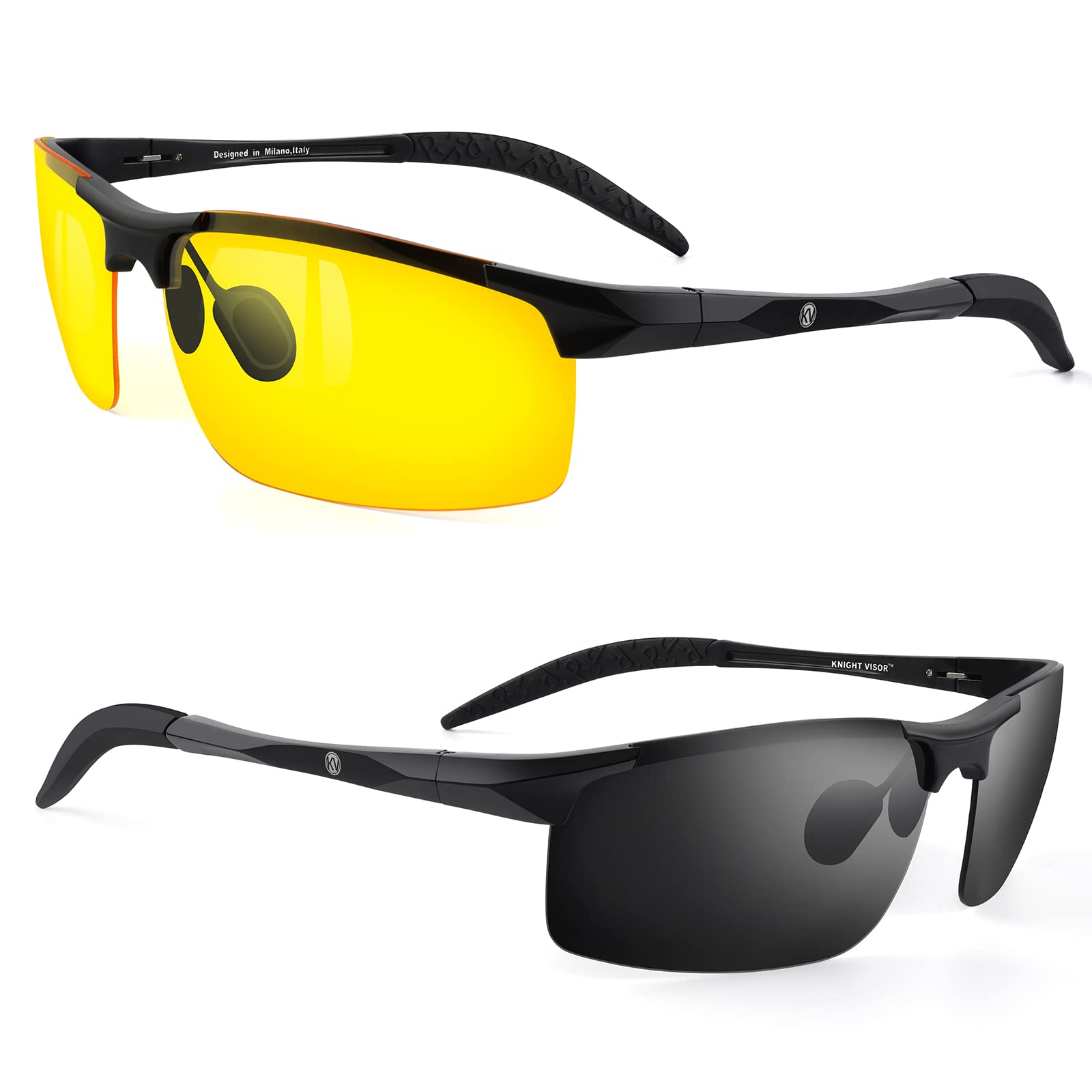 BLUPOND Set of 2 HD Day and Night Driving Glasses for Men and Women - Polarized Sport Sunglass and Yellow Night Vision Glass With Car Clip Holder (1 Yellow Lens + 1 Black Lens)