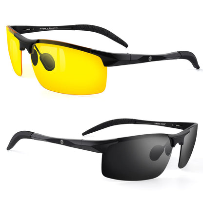 BLUPOND Set of 2 HD Day and Night Driving Glasses for Men and Women - Polarized Sport Sunglass and Yellow Night Vision Glass With Car Clip Holder (1 Yellow Lens + 1 Black Lens)