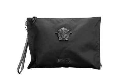 Versace Large Black Nylon Medusa Convertible Pouch Clutch