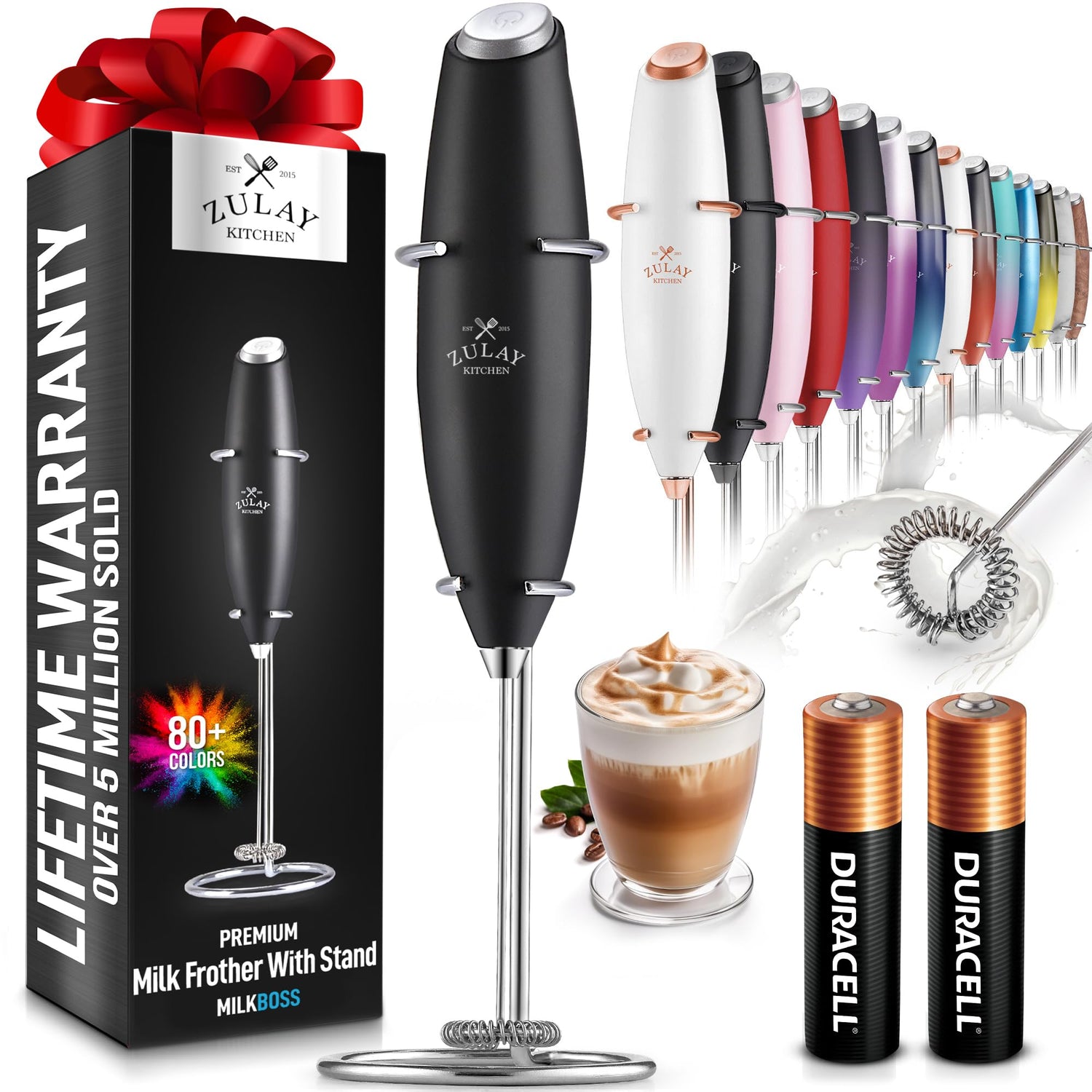 Zulay Kitchen Powerful Milk Frother Wand With 2 Duracell Batteries - Ultra Fast Handheld Drink Mixer - Electric Whisk Foam Maker for Coffee Lattes Cappuccino Matcha Hot Chocolate &amp; Creamer - Black