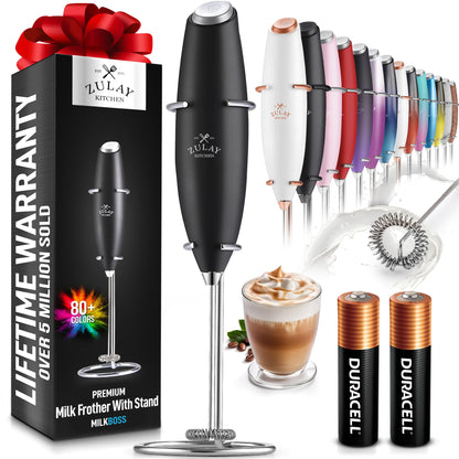 Zulay Kitchen Powerful Milk Frother Wand With 2 Duracell Batteries - Ultra Fast Handheld Drink Mixer - Electric Whisk Foam Maker for Coffee Lattes Cappuccino Matcha Hot Chocolate &amp; Creamer - Black