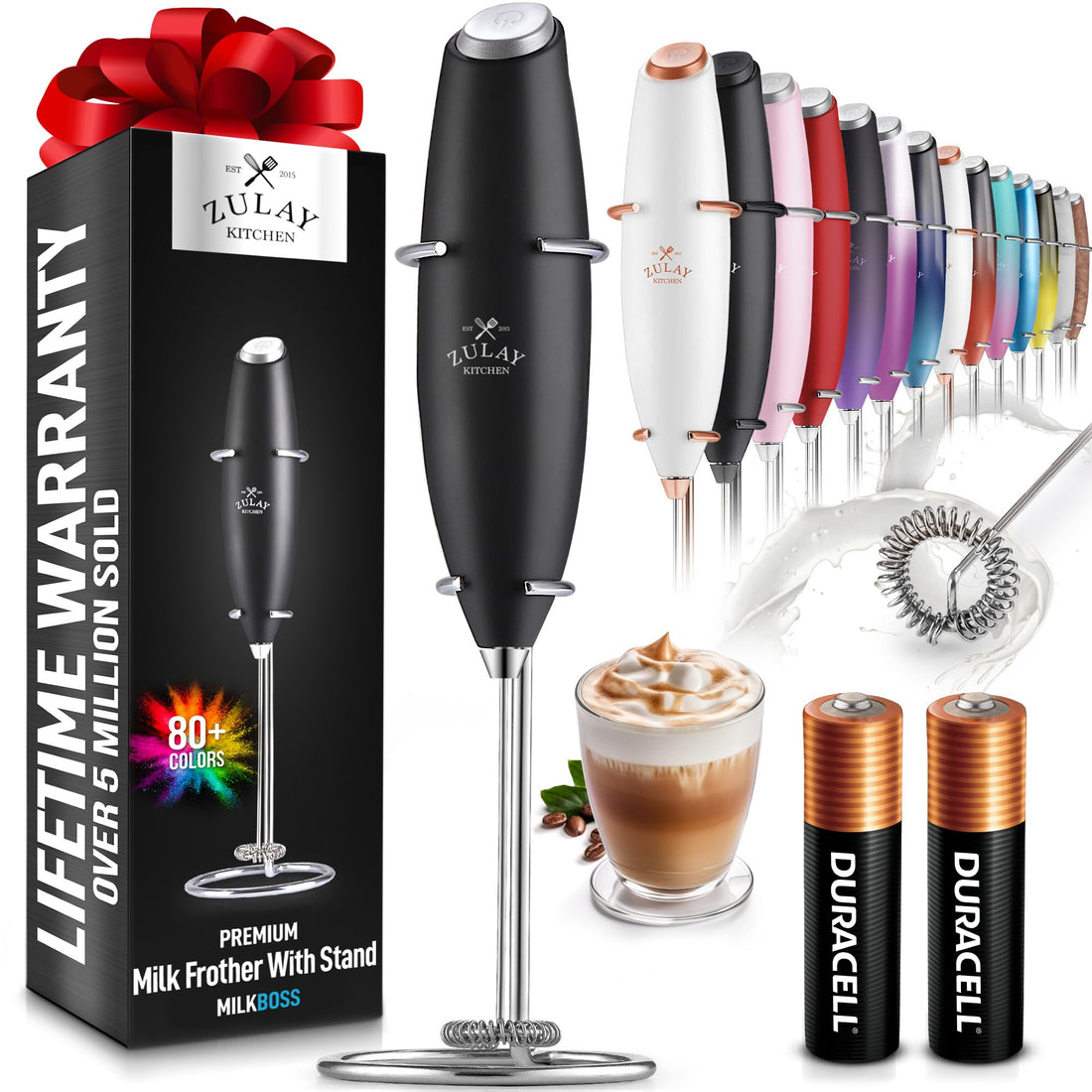 Zulay Kitchen Powerful Milk Frother Wand With 2 Duracell Batteries - Ultra Fast Handheld Drink Mixer - Electric Whisk Foam Maker for Coffee Lattes Cappuccino Matcha Hot Chocolate &amp; Creamer - Black