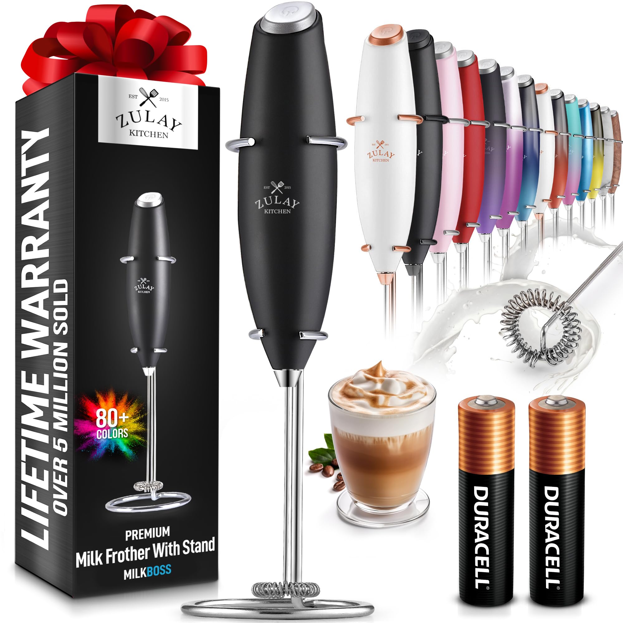 Zulay Kitchen Powerful Milk Frother Wand With 2 Duracell Batteries - Ultra Fast Handheld Drink Mixer - Electric Whisk Foam Maker for Coffee Lattes Cappuccino Matcha Hot Chocolate &amp; Creamer - Black